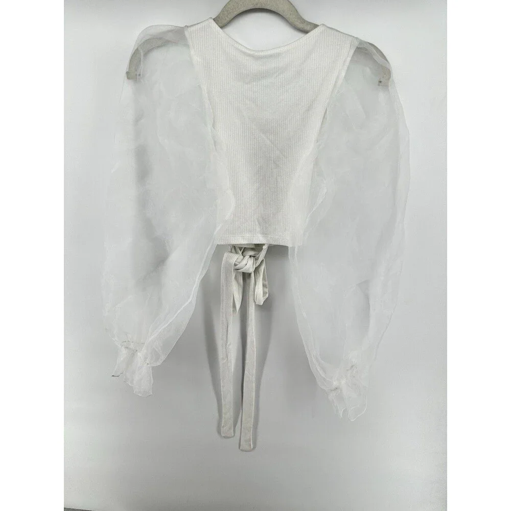 Zara White Ribbed Sheer Puff Sleeve Top longsleeve blouse size S #B